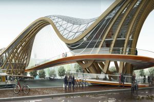 ترکیبی از پل عابر پیاده ، کافی شاپ و ایستگاه دوچرخه