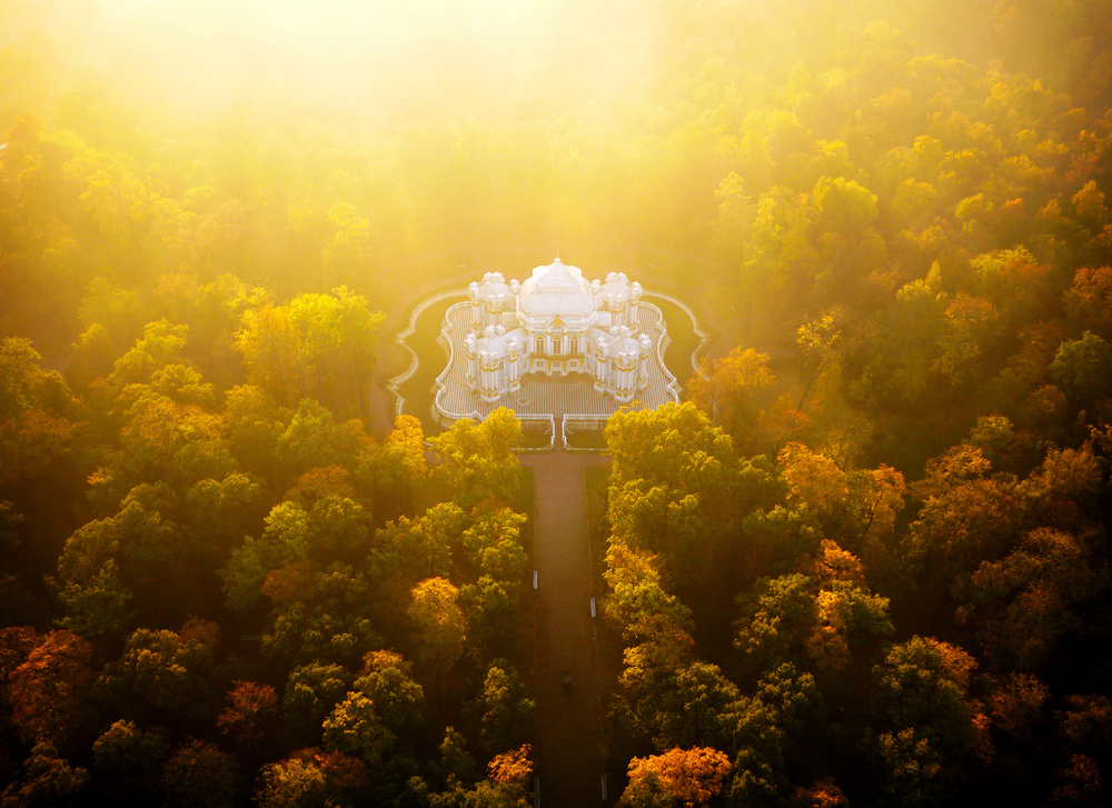 Hermitage Pavilion, in the grounds of the Catherine Palace, at sunrise. Autumn from above;  aerial images of Saint Petersburg before the long northern winter begins.